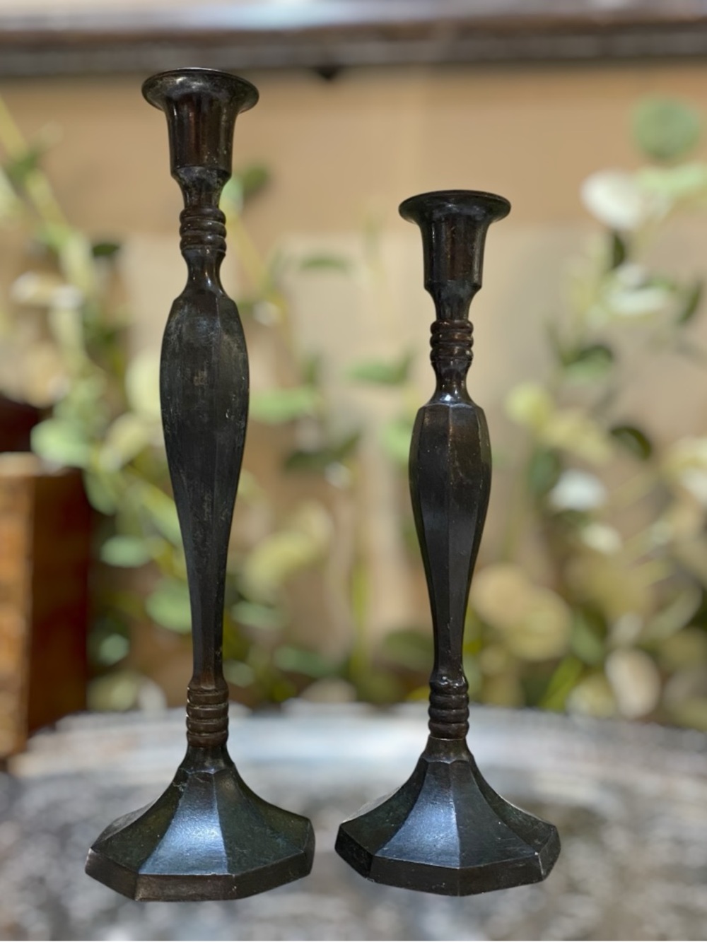 Vintage Solid Brass Set 2 Candlesticks Bronzed Finish European Old World Design